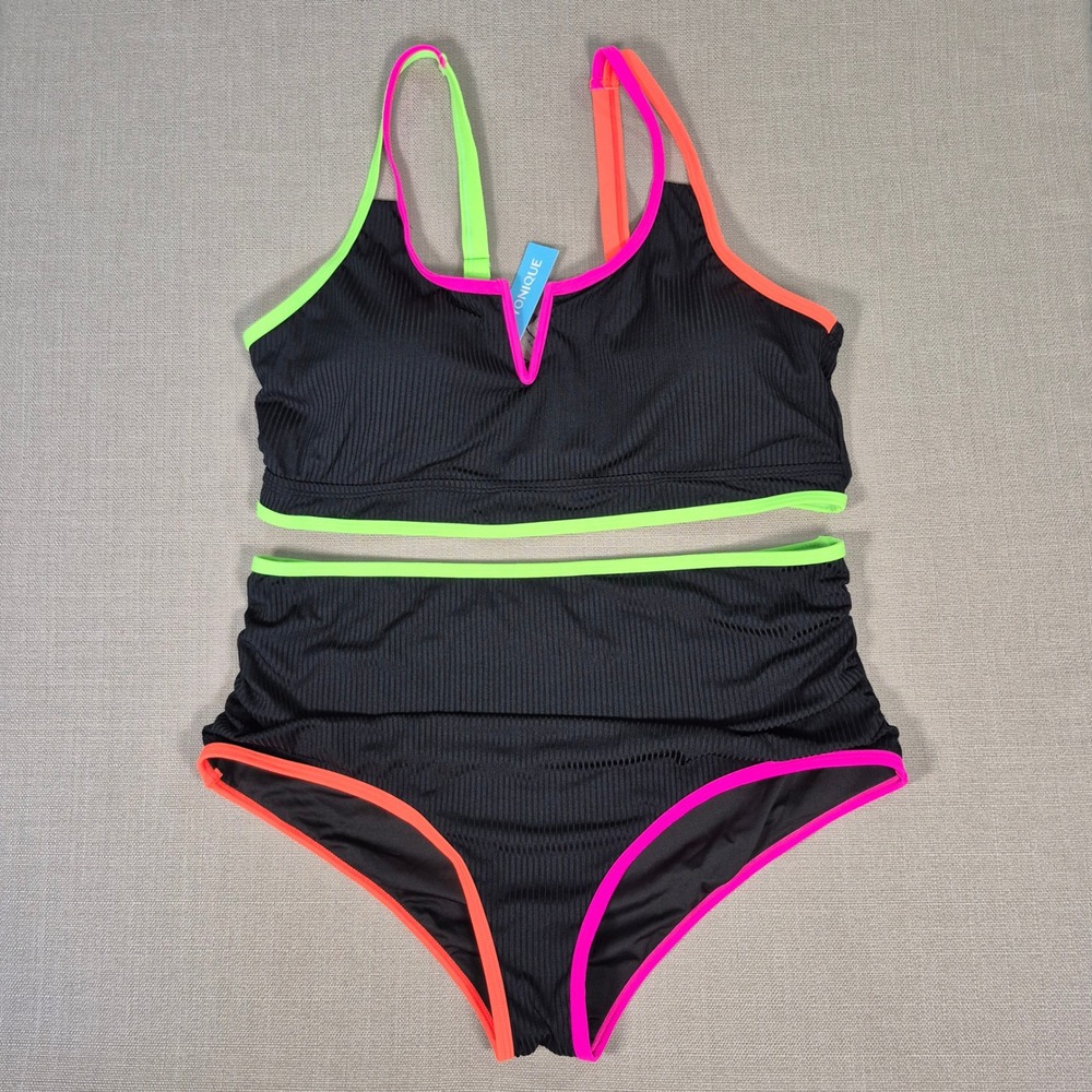 Yonique Womens Plus Size Ribbed Neon Trim High Waisted Bikini Set Size 20W New